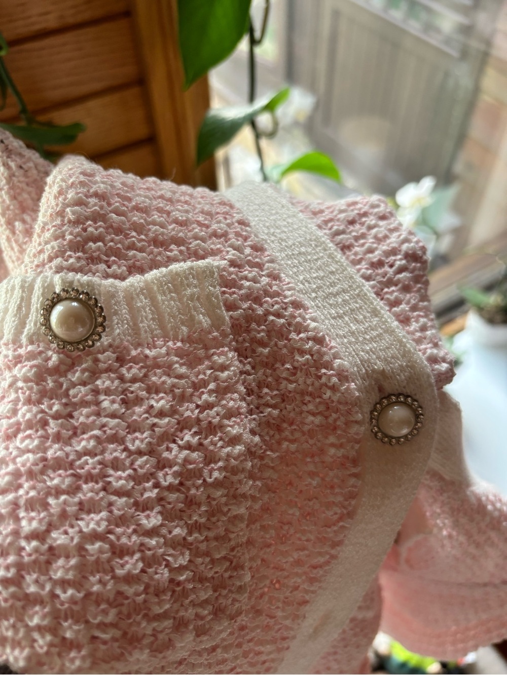 Light Pink Crochet V-Neck Cardigan with Contrast Trim - Picture 5 of 6